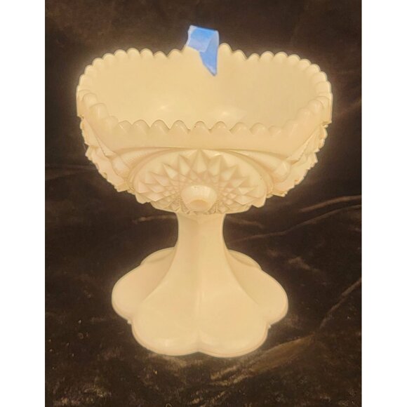 Vintage Kemple Glass Milk Glass Footed Compote with Hobstar and Fan Pattern - Picture 5 of 13